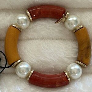 Joon Faux Bamboo & Pearls Beaded Stretch Bracelet NEW